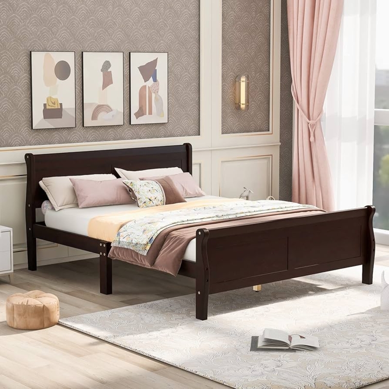 Full Size Platform Bed with Slatted Headboard and Footboard