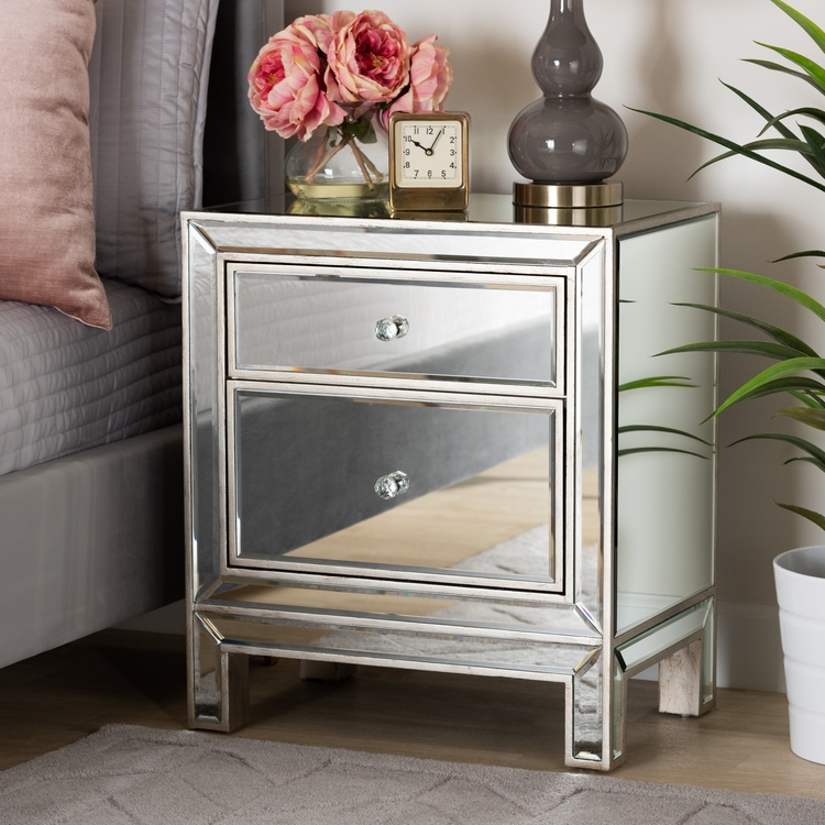 Fully Mirrored Nightstand Cabriole Legs Faceted Knobs
