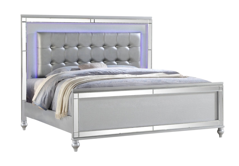 Futuristic Upholstered Bed with RGB LED Lighting and Channel Tufting
