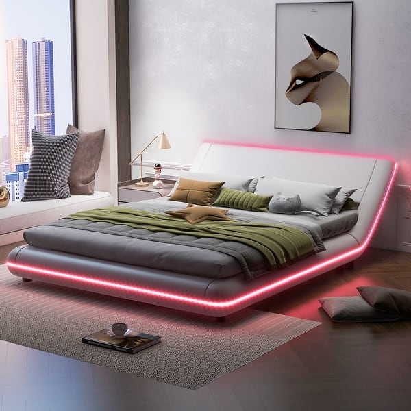 Futuristic White Platform Bed featuring Wave Side Profile and LEDs
