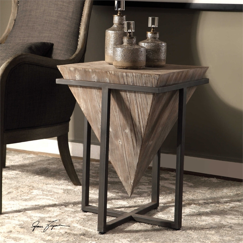 Geometric Accent Table, Inverted Pyramid Wood Design