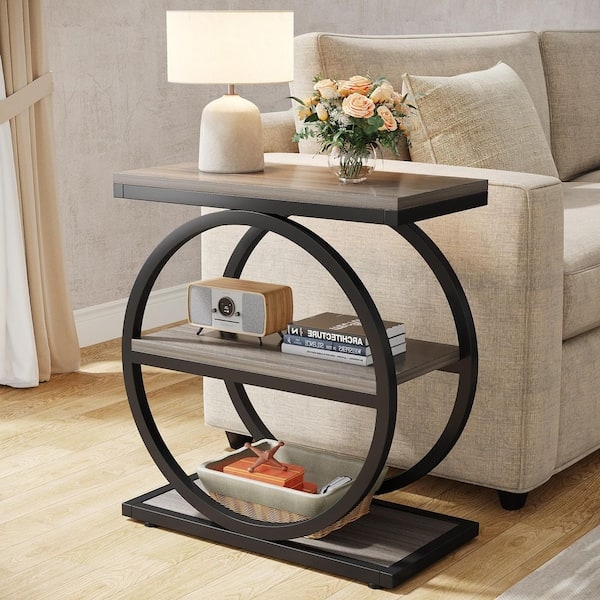 Geometric Base End Table, Three-Tier Industrial Gray Wood Side Table