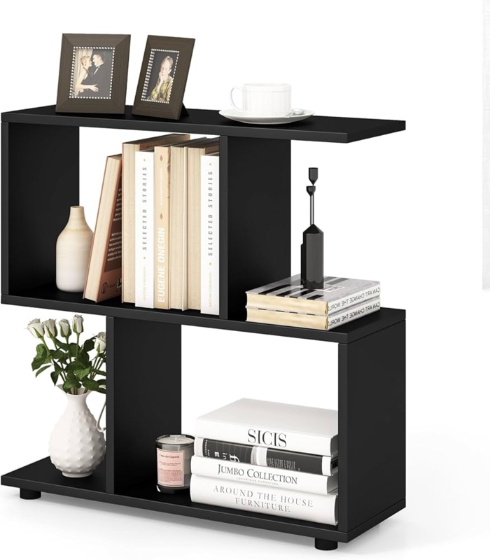 Geometric Bookshelf with Unique S-Shaped Silhouette in Matte Black