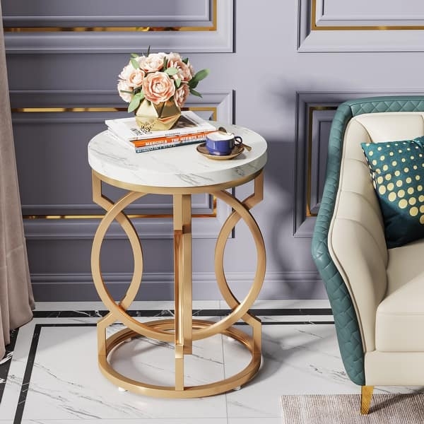 Geometric Gold Cage Base End Table, Modern Glam Round with Faux Marble Top