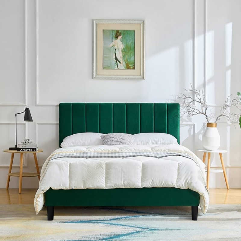 Geometric Headboard Forest Green Velvet Platform Bed