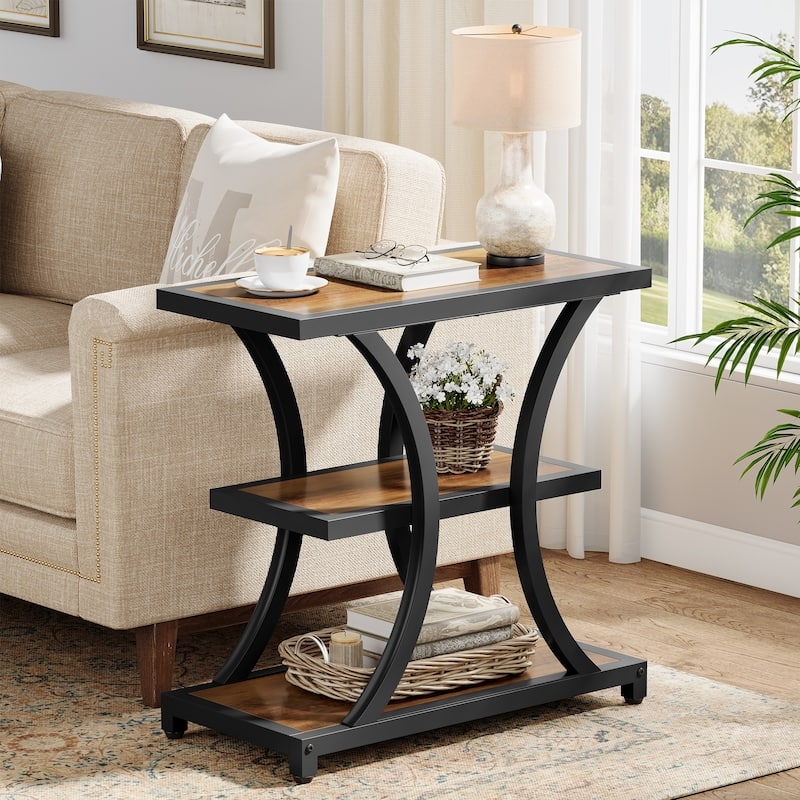 Geometric Metal End Table Storage Three-Tier Weathered Grey
