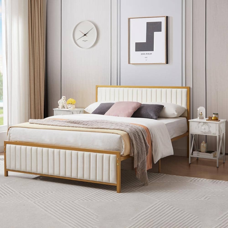 Glam Bed Gold Metal Frame Beige Vertical Channel Tufting Upholstered