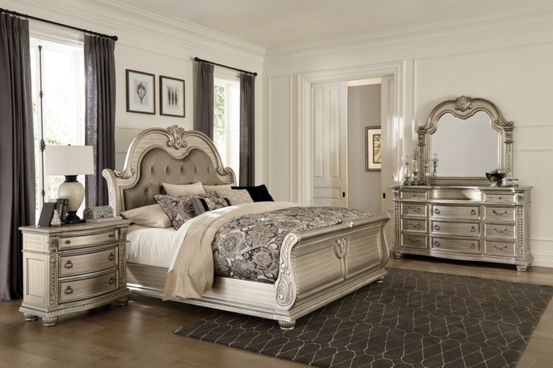 Glam Bedroom Set Silver Leaf Finish Oversized Tufted Headboard Mirrored