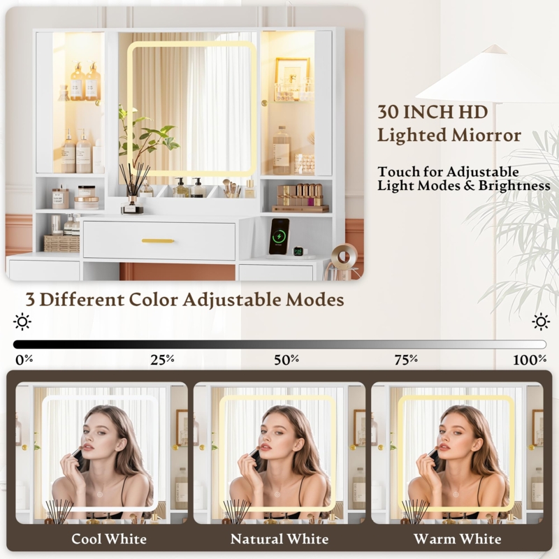 Glam Bedroom Vanity with Glass Display Cabinet and Hollywood Mirror