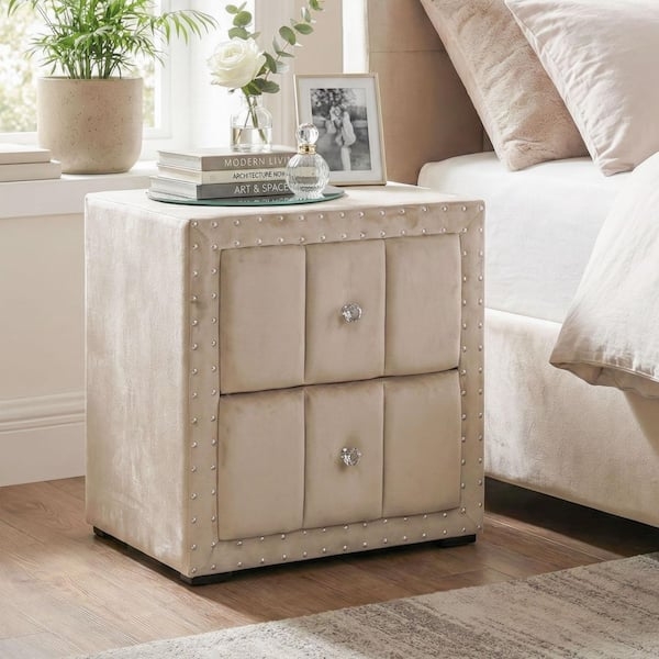 Glam Beige Fabric Nightstand with Gold Tapered Metal Legs