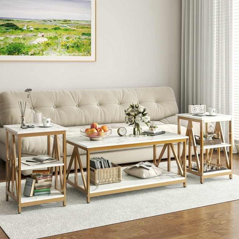 Glam Coffee Table Set White Stone-Like Top Gold Metal Frame