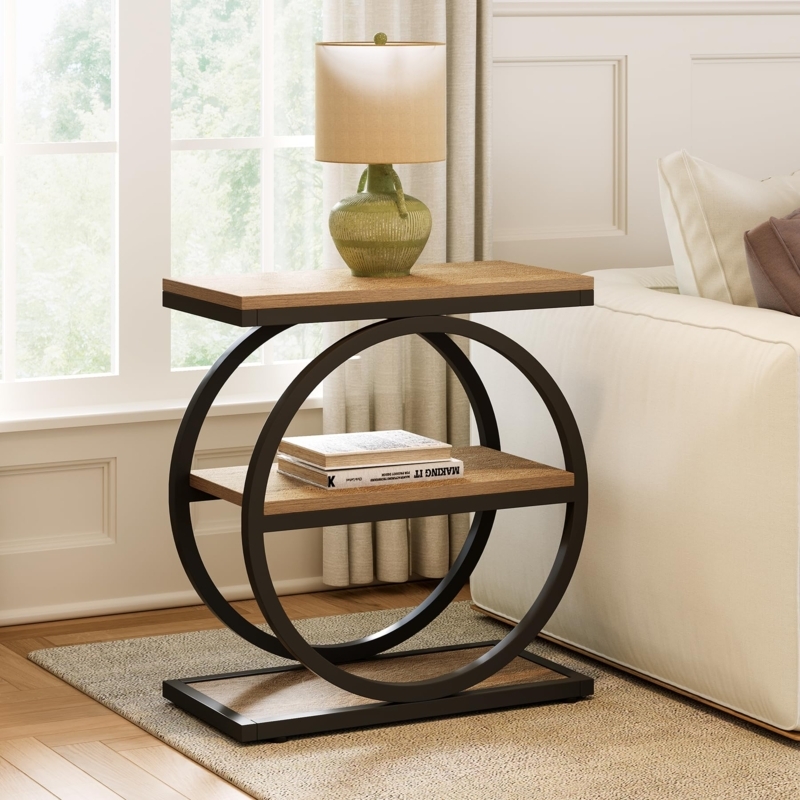 Glam End Table: Three-Tier Marble Pattern Shelves with Gold Double Legs