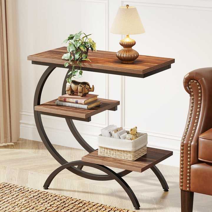 Glam End Table with Gold Frame and Mixed Marble Wood Shelves