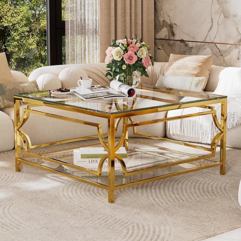 Glam Gold Glass Coffee Table Geometric Frame Double Tier Display