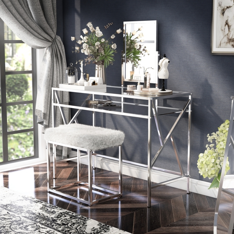 Glam Gold Makeup Vanity Set with Faux Fur Stool and Glass Top