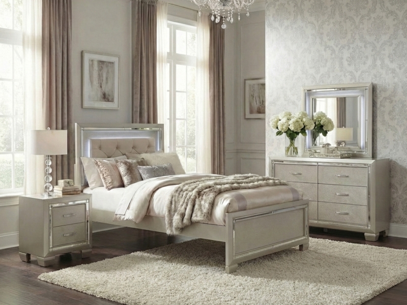Glam Kids Bedroom Set with Platinum Finish and Crystal Tufting