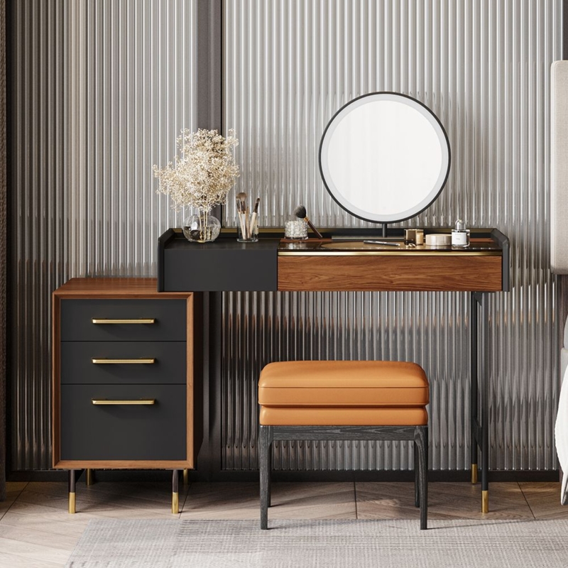 Glam Makeup Vanity White Ribbed Drawer Fronts & Gold Pencil Legs