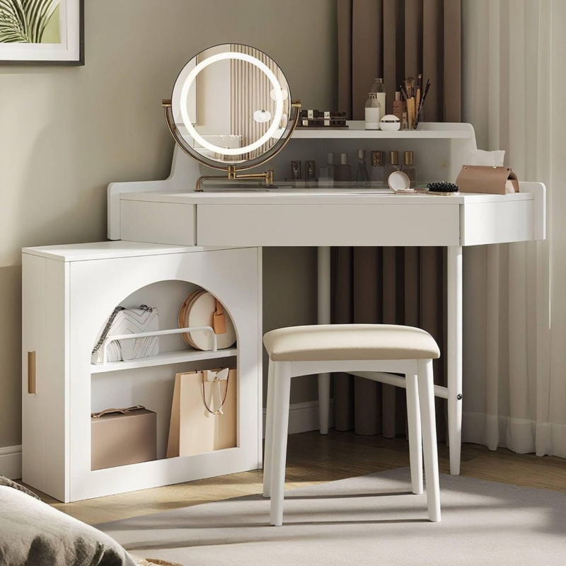 Glam Makeup Vanity with LED Lit Mirror and Gold Hardware Accents