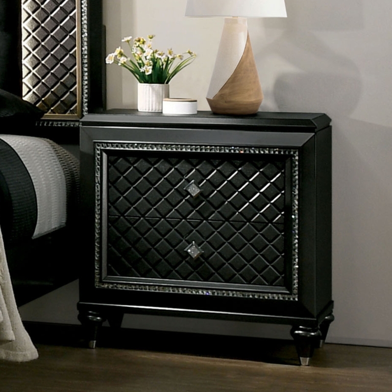 Glam Metallic Gray Nightstand with Mirrored Trim and Faceted Knobs