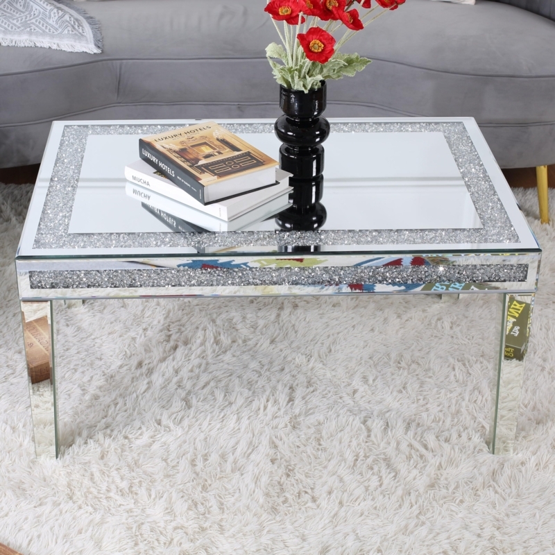 Glam Mirrored Coffee Table with Sparkling Crushed Crystal Border
