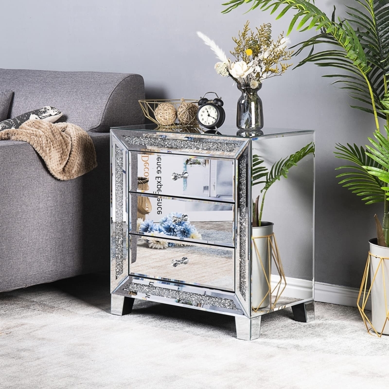 Glam Mirrored Nightstand Three Drawers Crystal Knobs Silver Polished