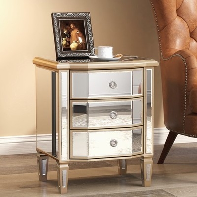 Glam Mirrored Nightstand with Crystal Knobs and Beveled Glass Edges