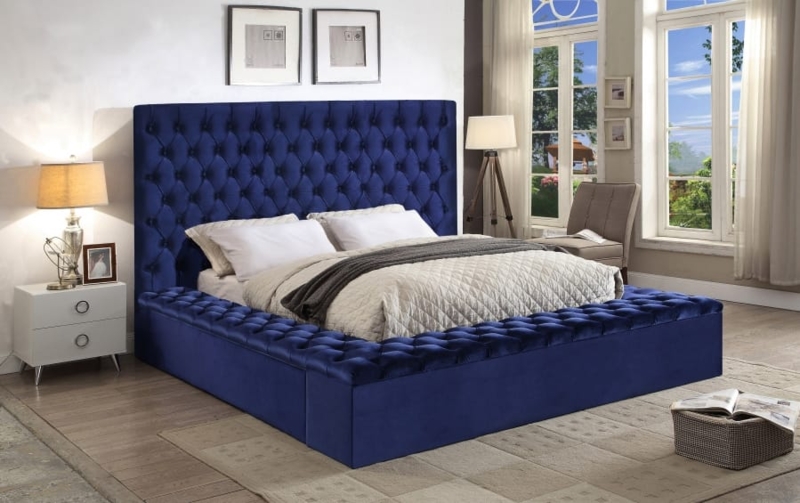 Glam Navy Velvet Platform Bed with Gold Legs and Matching Bench