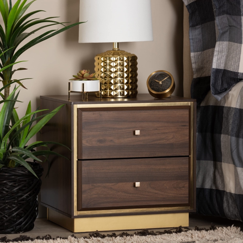 Glam Nightstand Gold Tapered Legs Walnut Finish