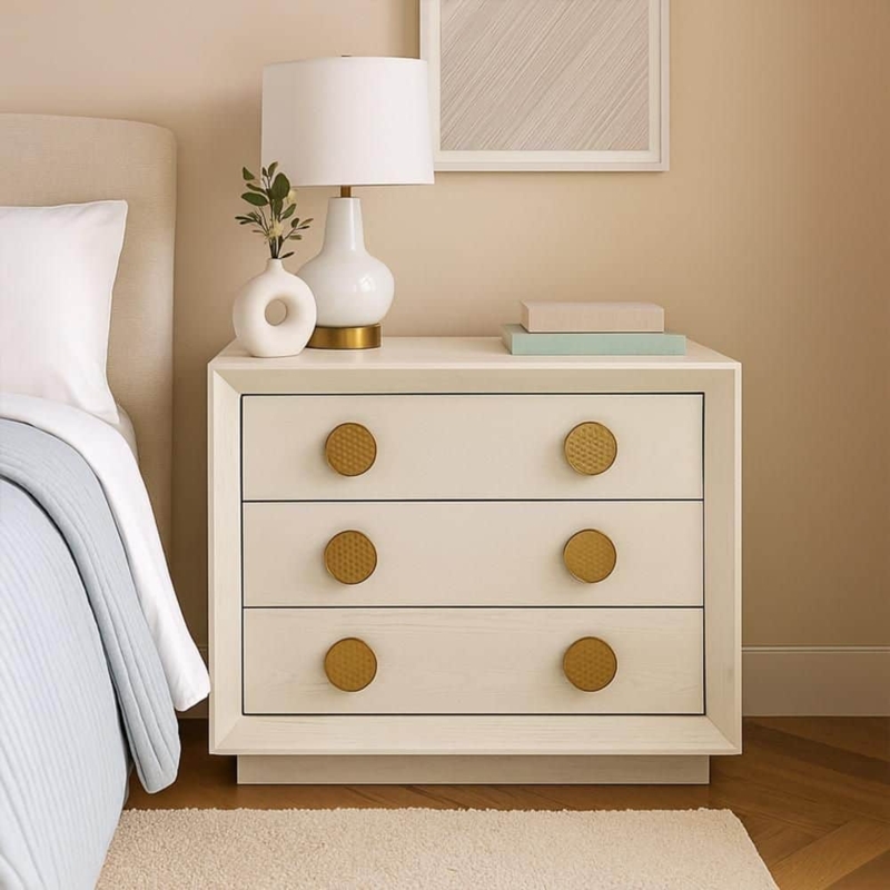 Glam Nightstand with Honeycomb Pattern and Gold Tapered Legs