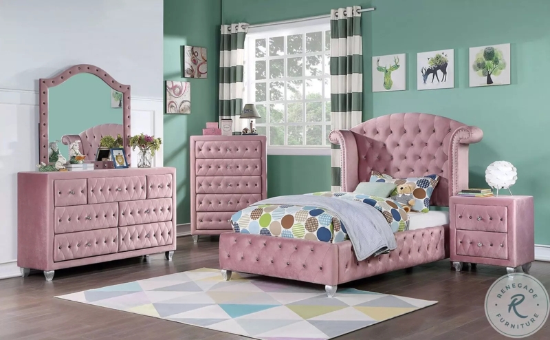 Glam Pink Velvet Bedroom Set Crystal Tufting Gold Legs