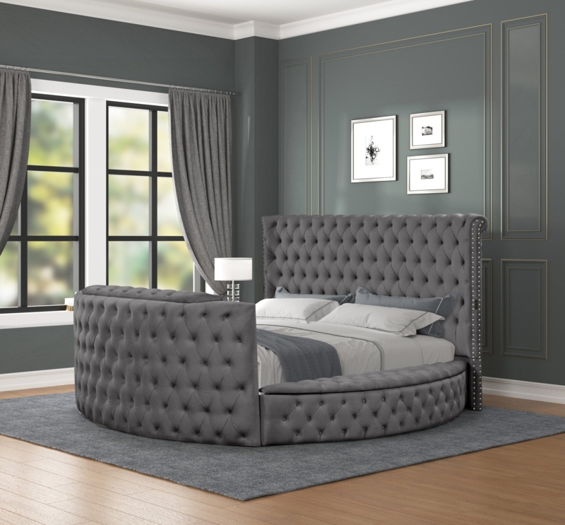 Glam Queen Bed Gray Crystal Buttons Wingback Headboard