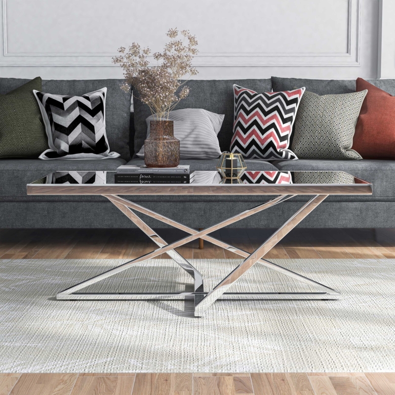 Glam Rectangular Coffee Table with Mirrored Top and Chrome X-Frame