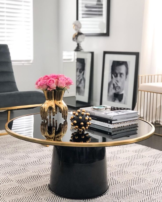 Glam Round Coffee Table with White Marble-Like Top and Geometric Base
