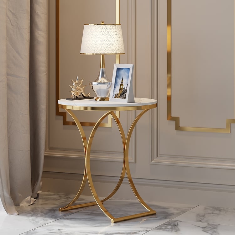 Glam Round Side Table, White Marbled Pattern Top and Polished Gold X-Base