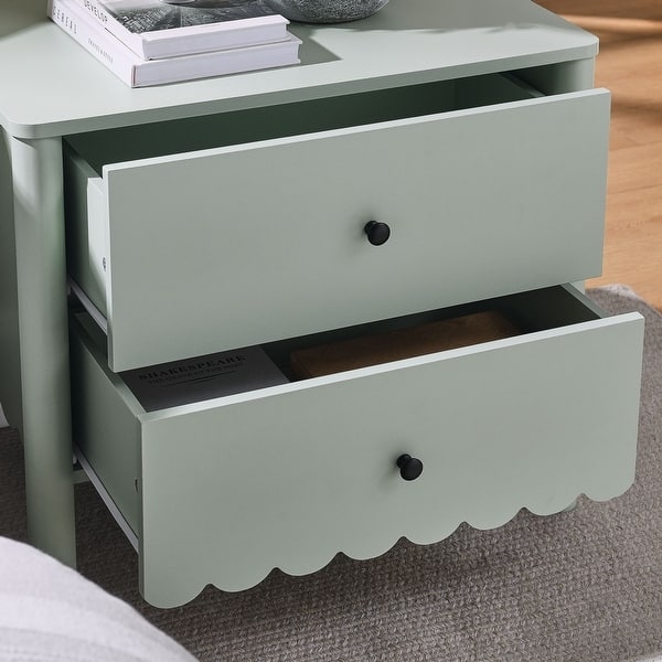 Glam Scalloped Base Nightstand with Two Drawers and Gold Knobs