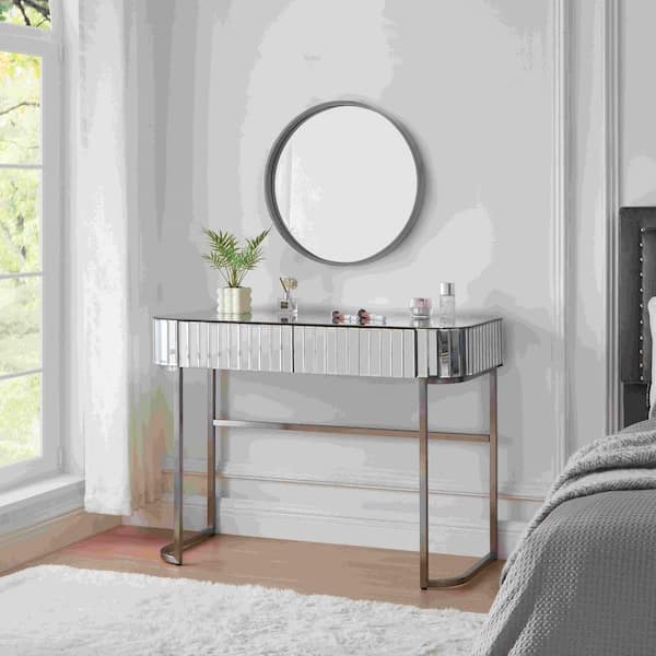 Glam Silver Makeup Vanity with X-Frame Base and Integrated Mirror