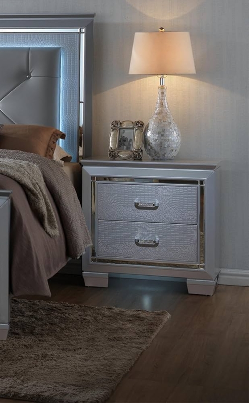 Glam Silver Nightstand with Built-in Night Light