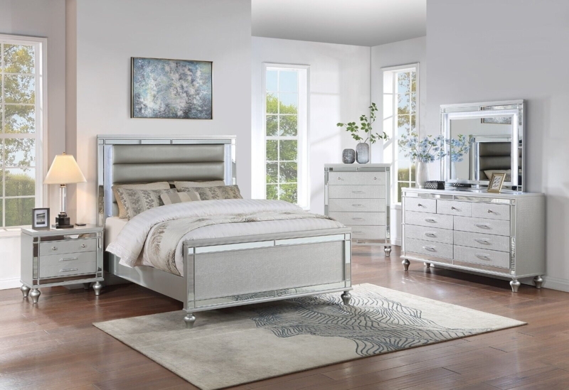 Glam Silver Nightstand with Mirrored Inlays from 4-Piece Bedroom Set