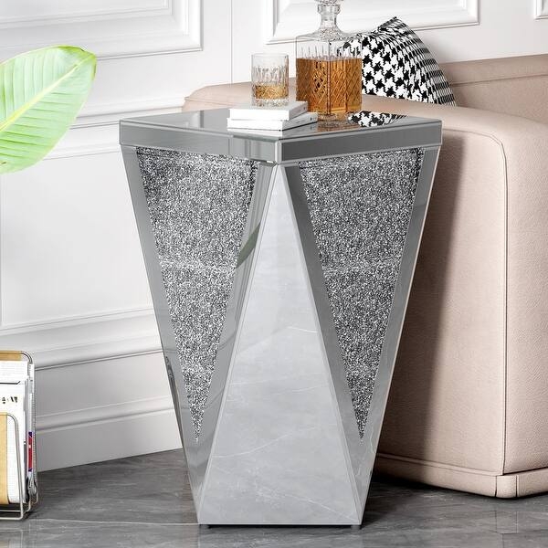 Glam Square Mirrored Pedestal End Table Crushed Glass Inlay