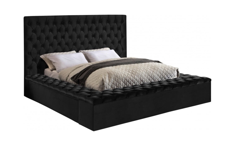 Glam Upholstered Bed With Curved Crescent Headboard In Black Velvet