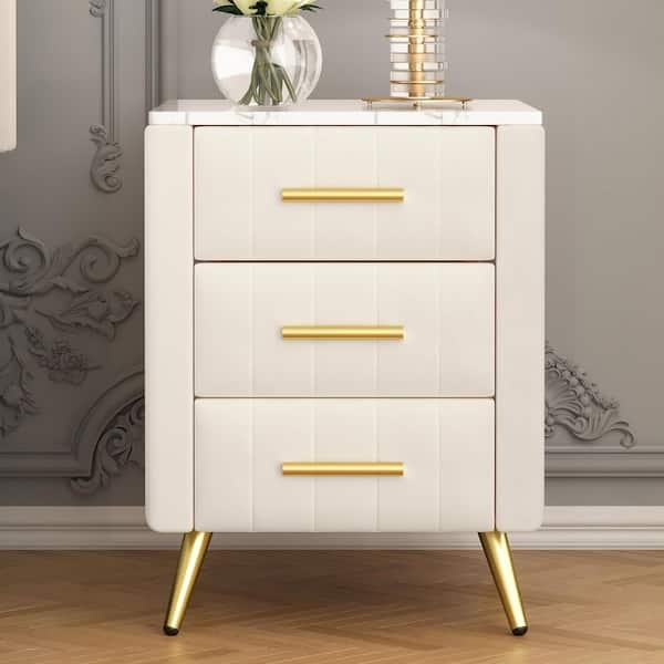 Glam Upholstered Nightstand, Marble Effect Top