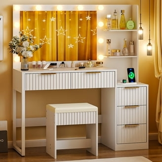 Glam Vanity Set, Cream Finish, Crystal Tufting, Tri-Fold Mirror, 6 Drawers.
