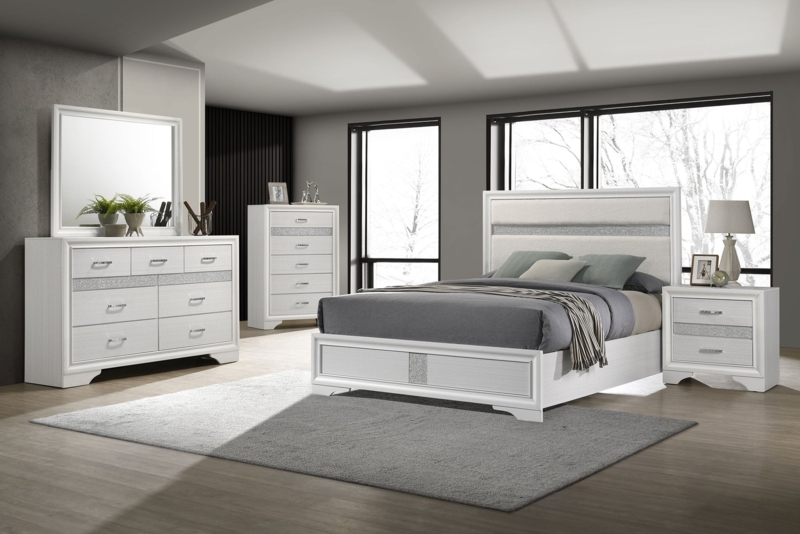 Glam White Bedroom Set with Mirrored Drawer Fronts & Silver Accents