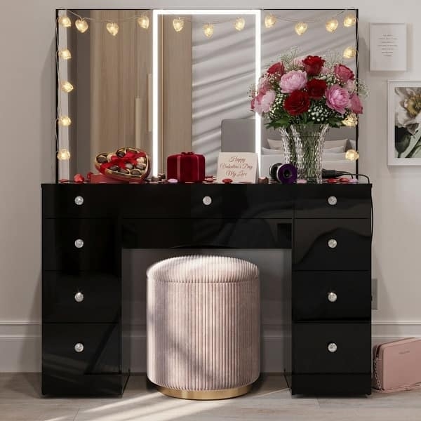 Glam White Makeup Vanity Desk Nine Drawers Glass Top Tri-Fold