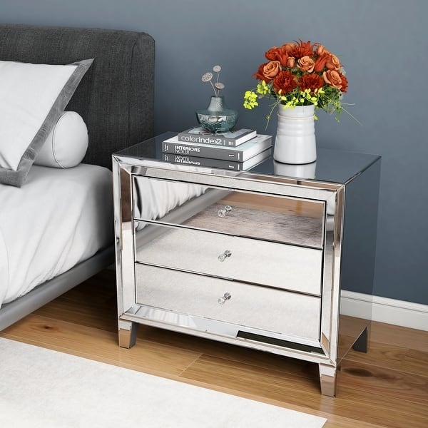 Glamorous Mirrored Bedside Chest with Three Drawers and Silver Trim