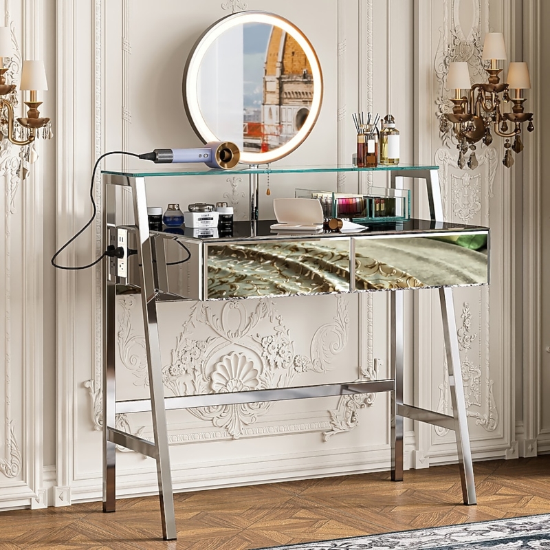 Glamorous Mirrored Vanity Setup with LED Ring Light