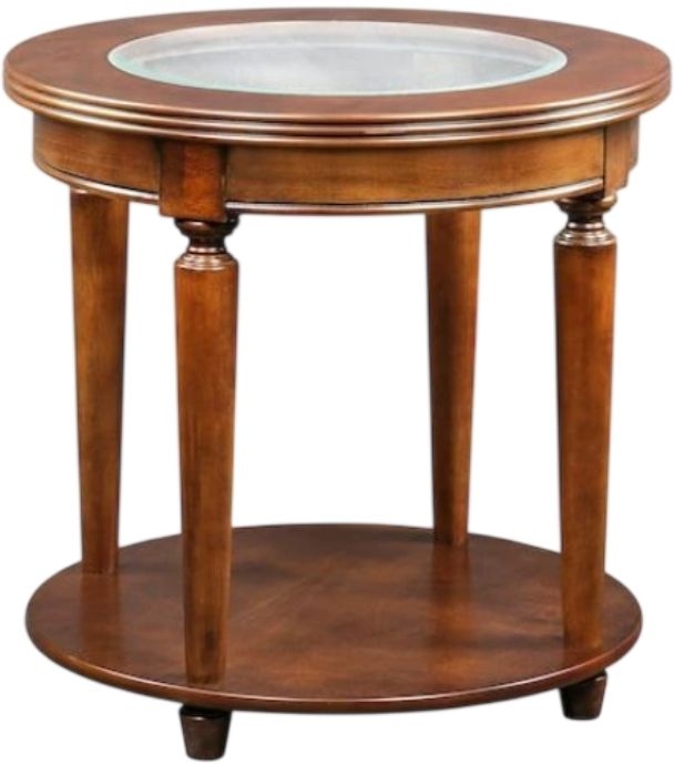Glass Top Cherry End Table Carved Apron Lower Shelf
