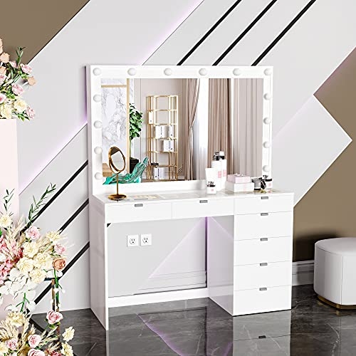 Glass Top Makeup Vanity, Hollywood Lights, Seven Drawers, Pedestal Base.