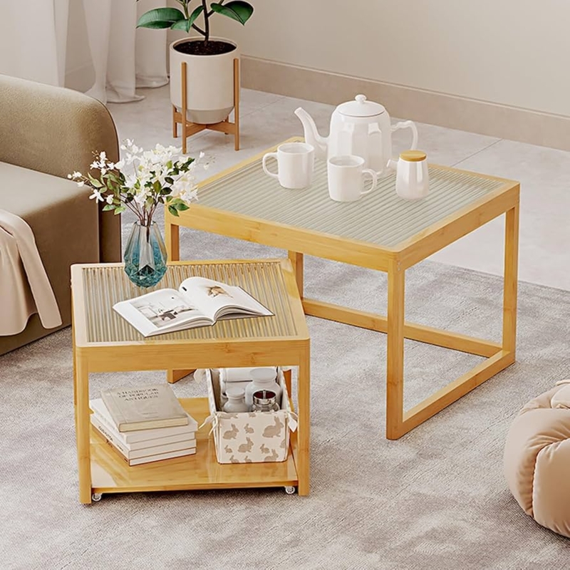 Glass Top Nesting Coffee Tables with Square Bamboo Frames