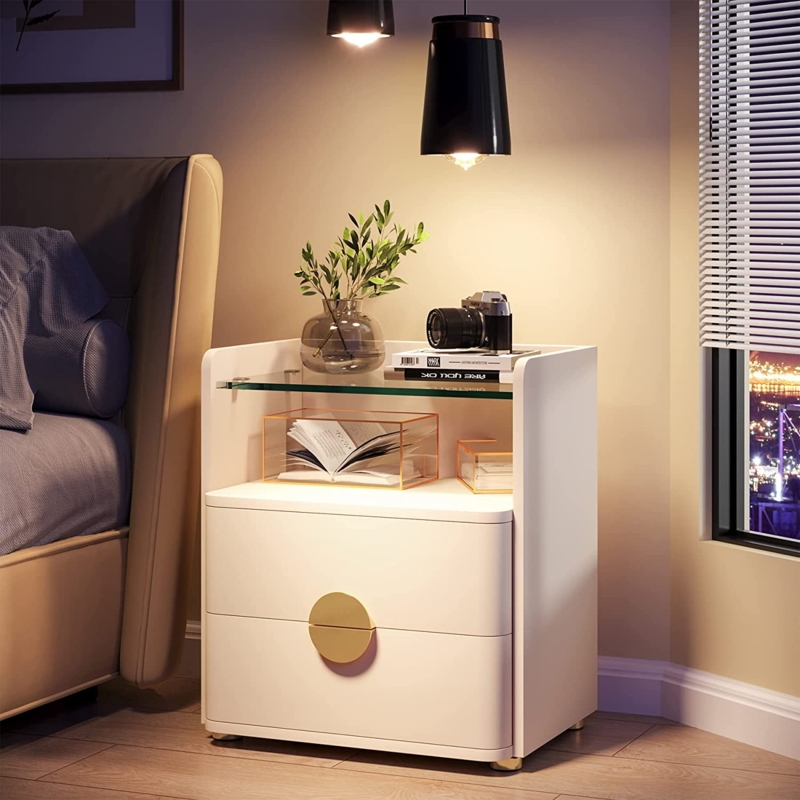 Glass Top Nightstand with Gold Metal Cross-Base Legs